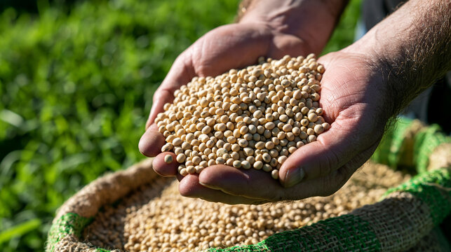 Farmer holding handful of harvested soybeans over a burlap sack in a field. Agriculture concept for sustainable farming and crop production.