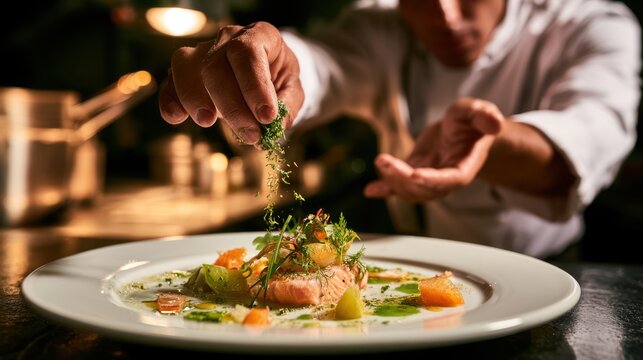 Chef carefully garnishing gourmet seafood dish with fresh herbs in fine dining restaurant kitchen setting