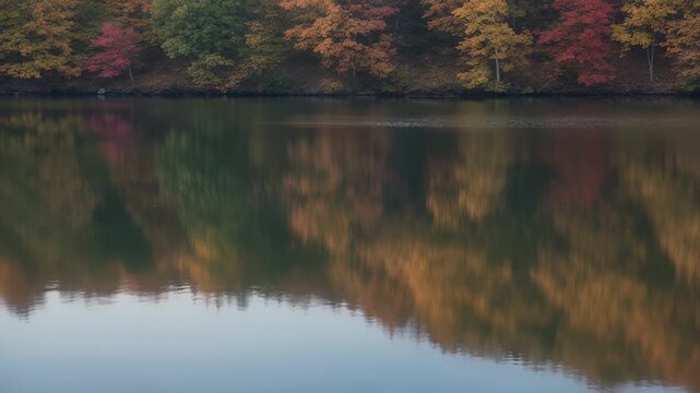 Nature - Vibrant autumn foliage with colorful red, orange, and yellow trees reflecting calmly on a serene lake water surface during fall season