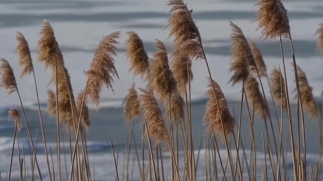 Nature - Tall brown reeds swaying in the wind by a frozen lake during winter