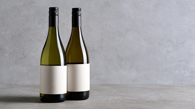 Two white wine bottles with blank labels stand on a concrete table against a gray wall. Ideal for restaurant branding and wine packaging design.