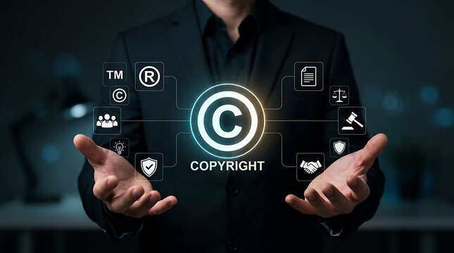 Businessman holding glowing copyright symbol with legal and IP icons interface