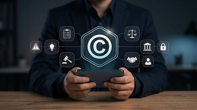 Businessman interacting with copyright law and intellectual property icons