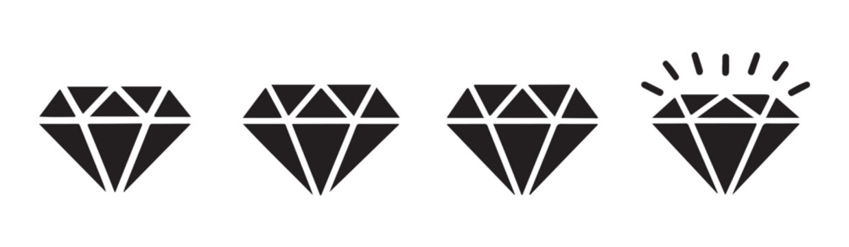 Diamond icon set with shining rays black silhouette symbols for luxury jewelry brand identity and web design.