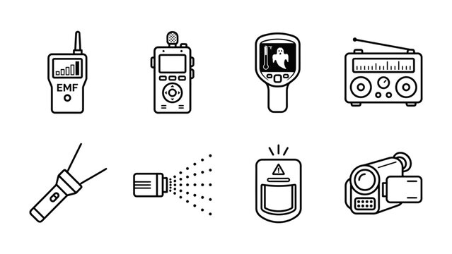Ghost Hunting Equipment: A collection of tools for paranormal investigation, including EMF meter, walkie-talkie, thermal camera, radio, flashlight, UV light, motion detector, and camcorder.