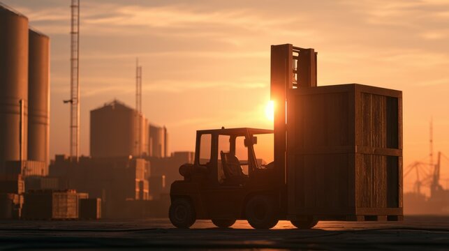 Industrial forklift lifting large wooden crate at shipping port during sunset with container storage and cranes in background