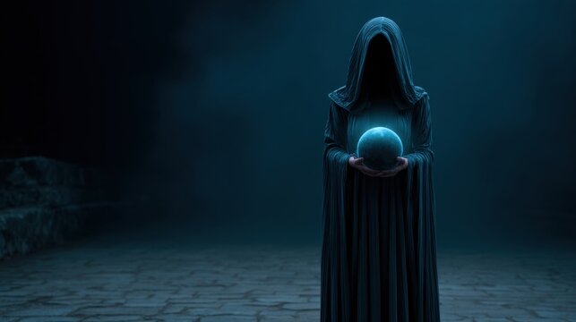 Mysterious figure in hooded cloak holding glowing orb, shrouded in fog and shadows, evoking a sense of power and intrigue