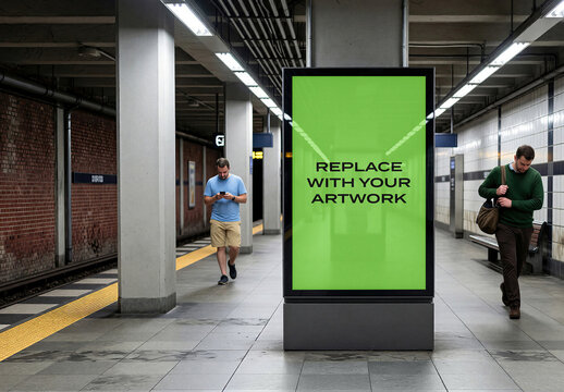 Vertical digital billboard mockup on a subway station platform with passengers, realistic advertising display presentation in public transit environment, urban interior commuters, walking