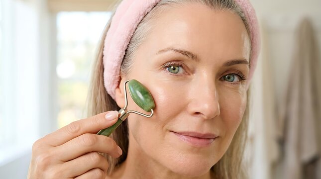 Mature woman using a jade roller for anti-aging facial massage, senior female beauty routine with a natural jade roller for glowing skin, facial skincare treatment with green jade roller