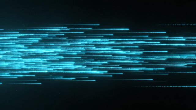 Abstract blue light streaks moving across a black background, representing digital data transmission and high speed fiber optics.