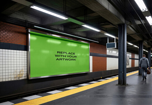 Vertical billboard mockup displayed on a subway station platform with background and placeholder text, design, presentation, blank, creative, studio