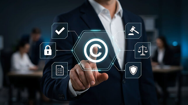 Businessman interacting with digital copyright protection and law interface