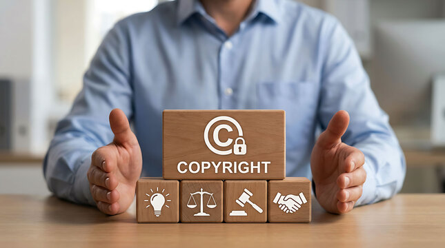 Businessman protecting copyright with wooden blocks with icons on the table