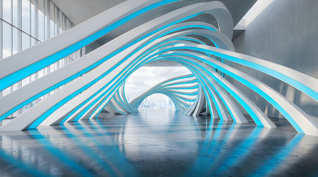 Futuristic architectural tunnel with glowing blue light arches and a reflective floor in a modern building interior