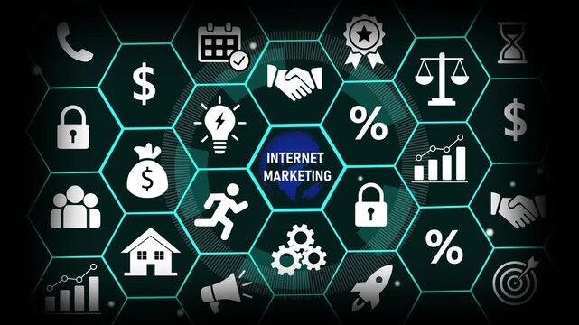 Dynamic internet marketing concept featuring animated hexagonal infographic with digital business global strategy growth symbols, and tech-driven financial connectivity for corporate presentations