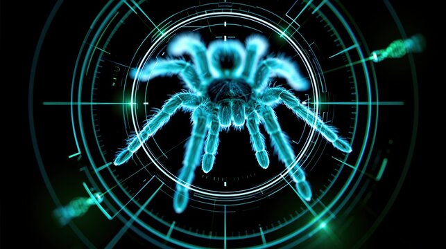 Cybernetic blue tarantula spider hologram interface background