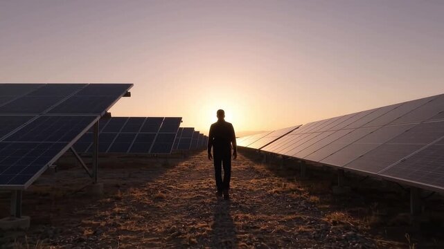A man walks through rows of solar panels during a serene sunset, symbolizing renewable energy and sustainable development