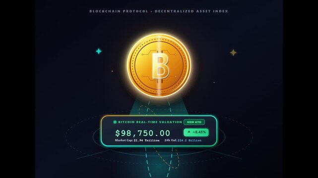 A digital graphic featuring a glowing gold Bitcoin coin centered above a dark, futuristic interface displaying a price of 98,750.00 with neon green accents on a deep blue background.