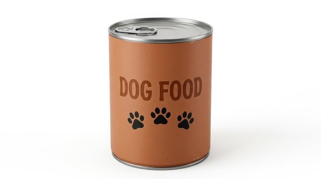 Canned Dog Food Tin with Brown Label and Paw Prints Isolated on White Background for Pet Care Concepts