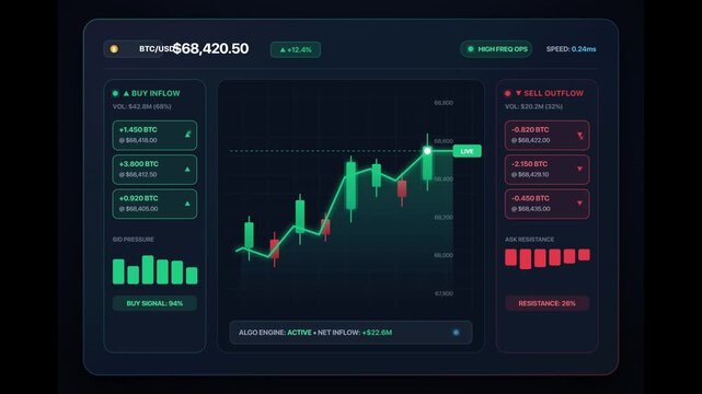 A sophisticated digital financial trading interface featuring a real-time candlestick stock market chart, technical data metrics, and a dark-themed UI dashboard for cryptocurrency analysis.
