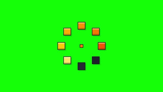 Pixel art loading animation with rotating colorful squares on green screen, suitable for retro gaming UI or digital buffering icon.