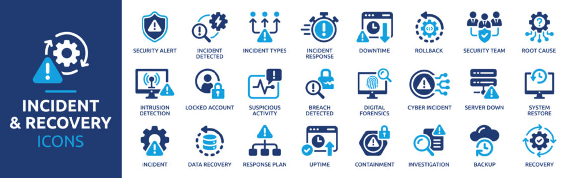 Incident and Recovery Icon Set. Security Alert, Incident Response, Data Recovery, Digital Forensics, Backup, Containment and Disaster Recovery Solid Icons Collection