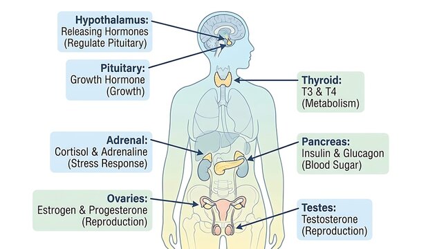 Endocrine system anatomical chart showing hormone glands in the human body