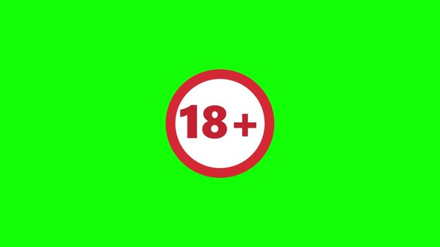 18 plus age restriction sign on green screen background. Adult only content warning symbol for legal age requirements, censorship, and mature audience rating for video editing and production.