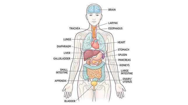 Medical illustration diagram of human internal organs and body anatomy