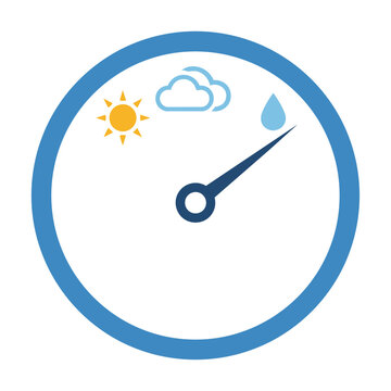 Minimalist barometer icon with a circular dial and sharp needle for weather tracking isolated on a white background. Weather forecasting concept