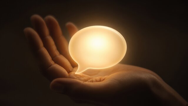 Glowing Speech Bubble Held in Open Hand