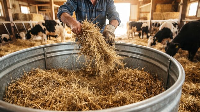 livestock care in summer. farmer feeding livestock. Farmer feeding cows. feeding cows with fresh hay. &nbsp;traditional dairy farm. cows eating in barn. Hardworking farmer.  Free range cows. 