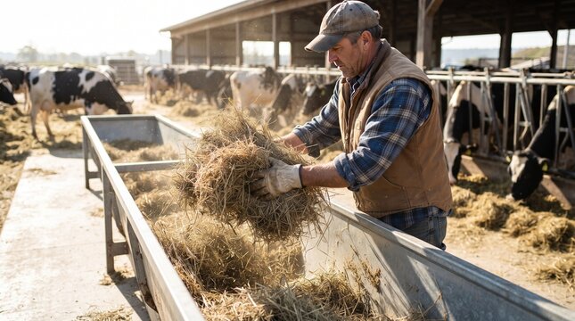 Hardworking farmer. cattle breeding. livestock care in summer. farmer feeding livestock. Farmer feeding cows. feeding cows with fresh hay. &nbsp;traditional dairy farm. cows eating in barn. 