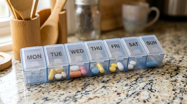 Weekly Pill Organizer with Colorful Medications on Counter.