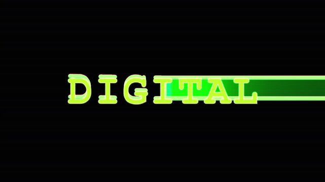 Digital text glitches with colorful scanlines during broadcast transition for technology concepts