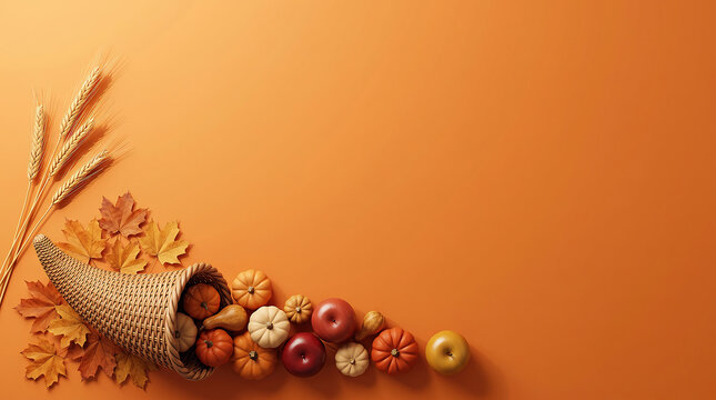 A traditional woven cornucopia overflowing with small colorful pumpkins and dried autumn leaves on a warm orange background with space for your seasonal text