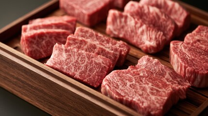 Fototapeta premium Close-up view of raw marbled beef pieces arranged on wooden tray ready for cooking or grilling in gourmet food preparation
