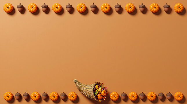 A flat lay composition featuring a decorative cornucopia surrounded by rows of small orange pumpkins and brown acorns on a solid light brown background