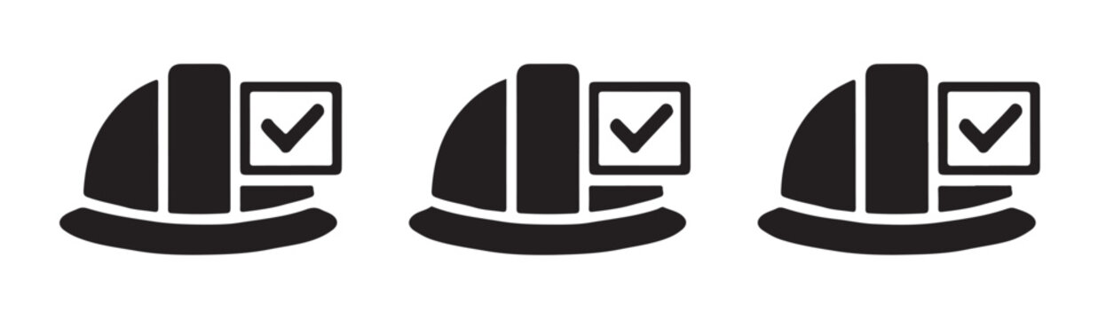 Industrial hard hat icon set with check mark symbol black silhouettes representing safety compliance work.