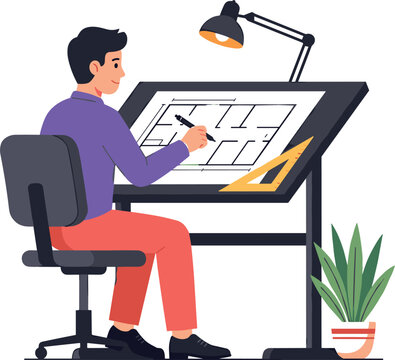 Professional architect engineer sitting at drawing board desk sketching apartment floor plan blueprint project vector flat illustration design