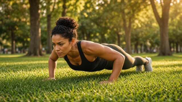 Determined Woman Doing Push-Ups Outdoors in Park