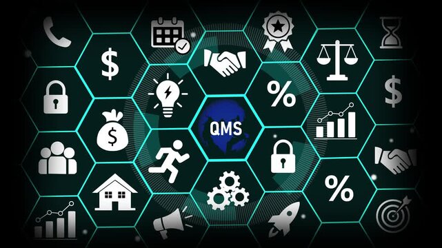 Dynamic qms management system digital interface featuring animated hexagonal for corporate business strategy, industrial process optimization, compliance standards, and data analytics
