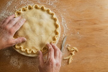 Obraz na płótnie Canvas Hands crimping the edge of a pie in a ceramic dish