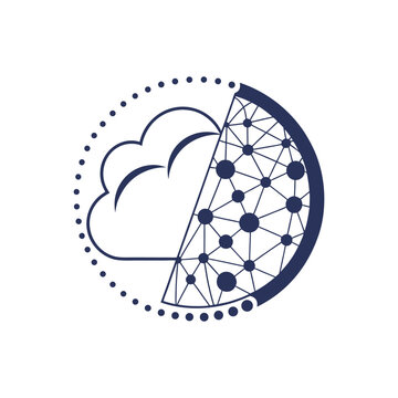 Abstract circular logo with half cloud and half neural network structure symbolizing data connection and technology innovation