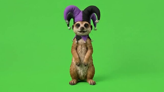 Cute meerkat in jester costume standing on green screen background