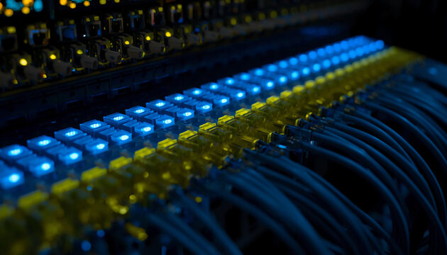 Dense glowing blue and yellow fiber optic LC cables connected to network patch panel in modern data center
