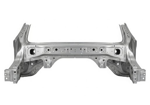 Car subframe metal structure close-up isolated on white background