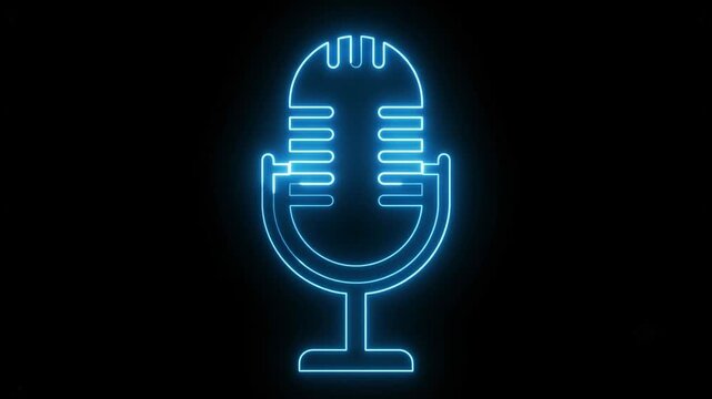 Neon blue microphone icon on black background, glowing retro podcast mic outline, futuristic digital audio equipment for broadcast and music