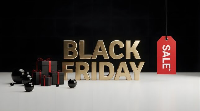 Black friday sale 3d text with gift boxes and decorative spheres on a minimalist background