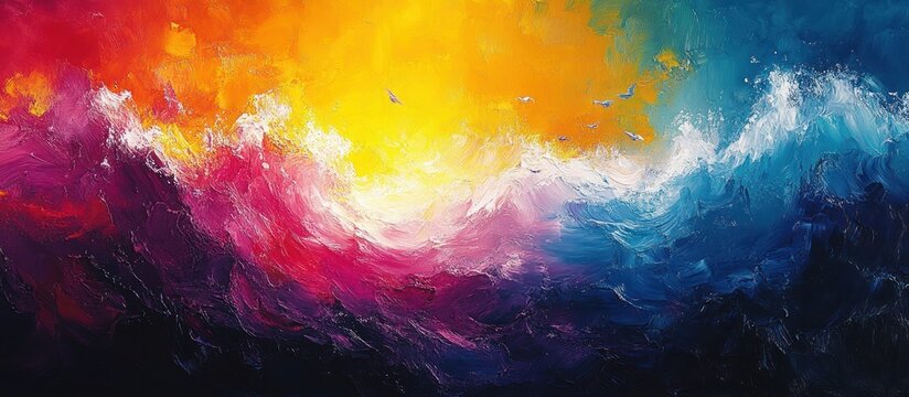 Abstract oil painting with vibrant colorful flowing waves and dynamic brushstrokes.